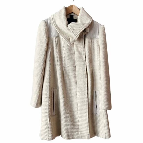 MACKAGE Peacoat Jacket Wool Leather Trim Pockets Off White Black Large GUC - Picture 1 of 11